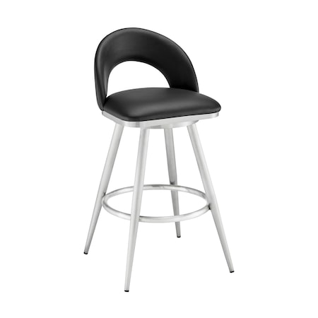 Armen Living Lottech Swivel Counter Stool in Brushed Stainless Steel and Black Faux Leather 840254335356